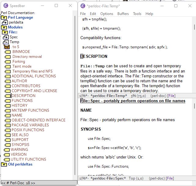 Perl-doc view of speedbar with tags